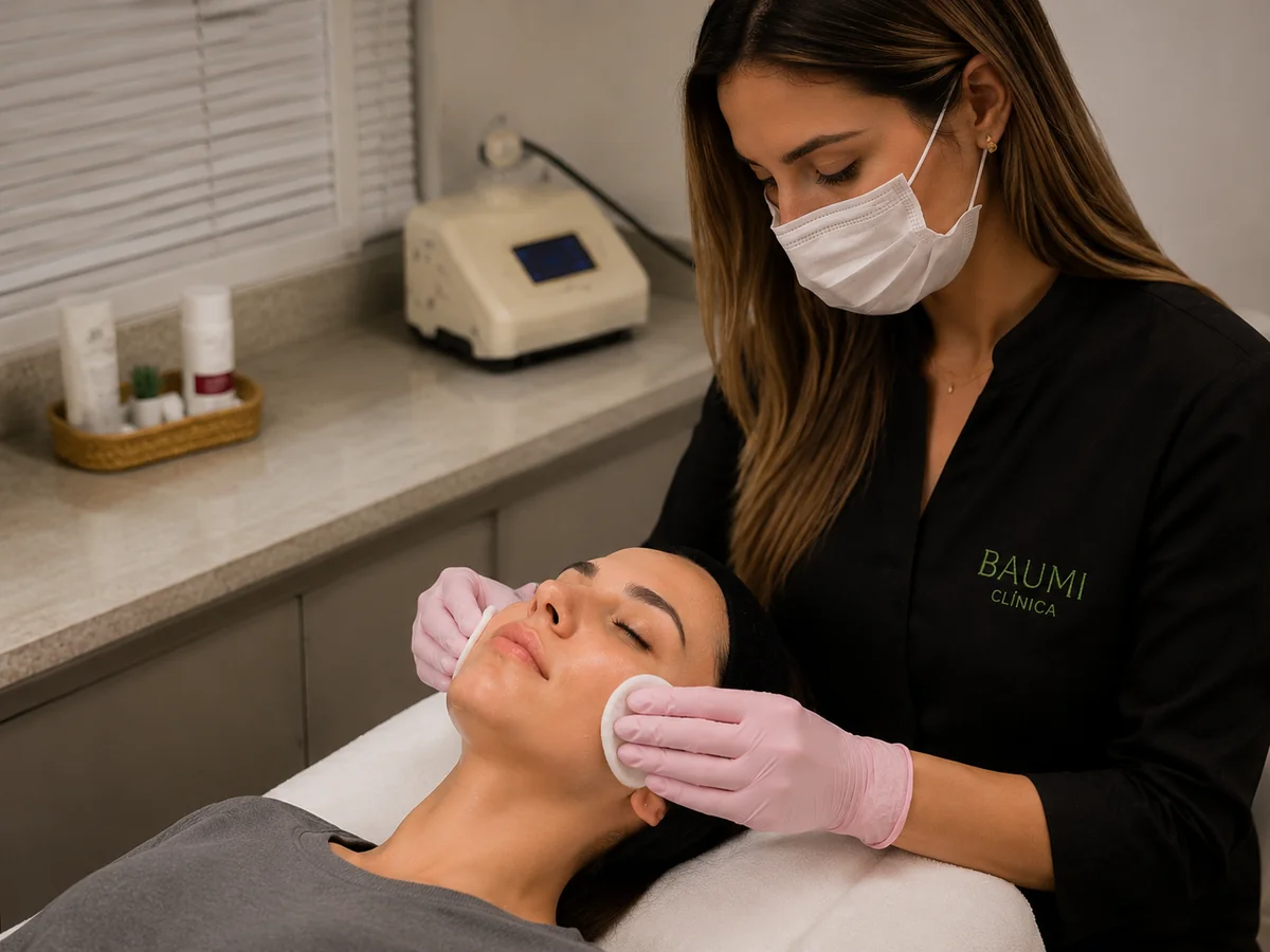 Atendimento facial de limpeza de pele realizado na BAUMI Clínica.