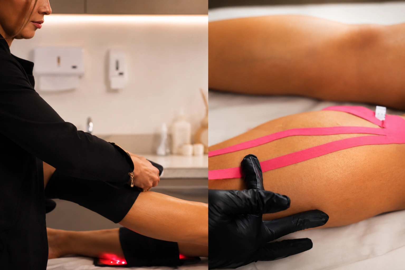 Profissional da Baumi Clínica realizando avaliação personalizada das pernas para cuidado estético de lipedema em Cascavel.